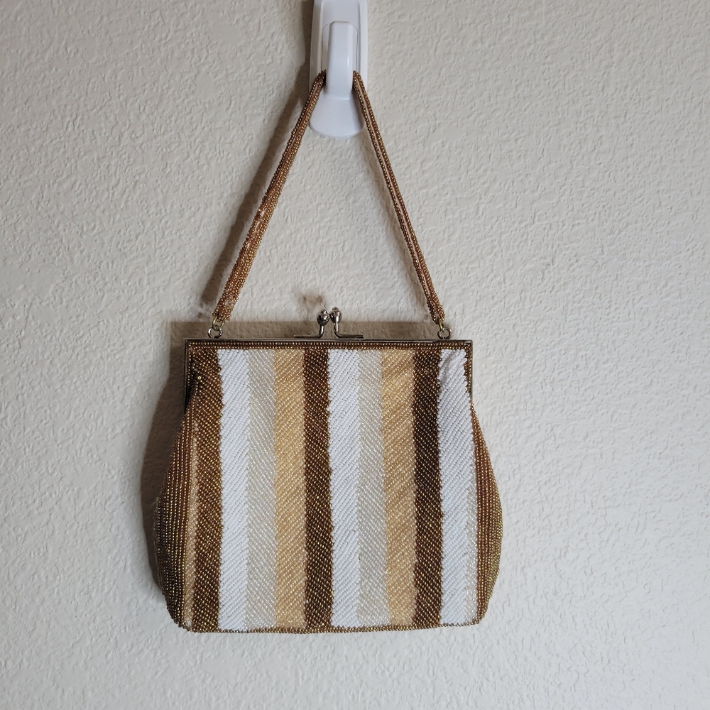 Walborg Vintage Multi Color Fully Seed Beaded Striped Bag With Satin Lining